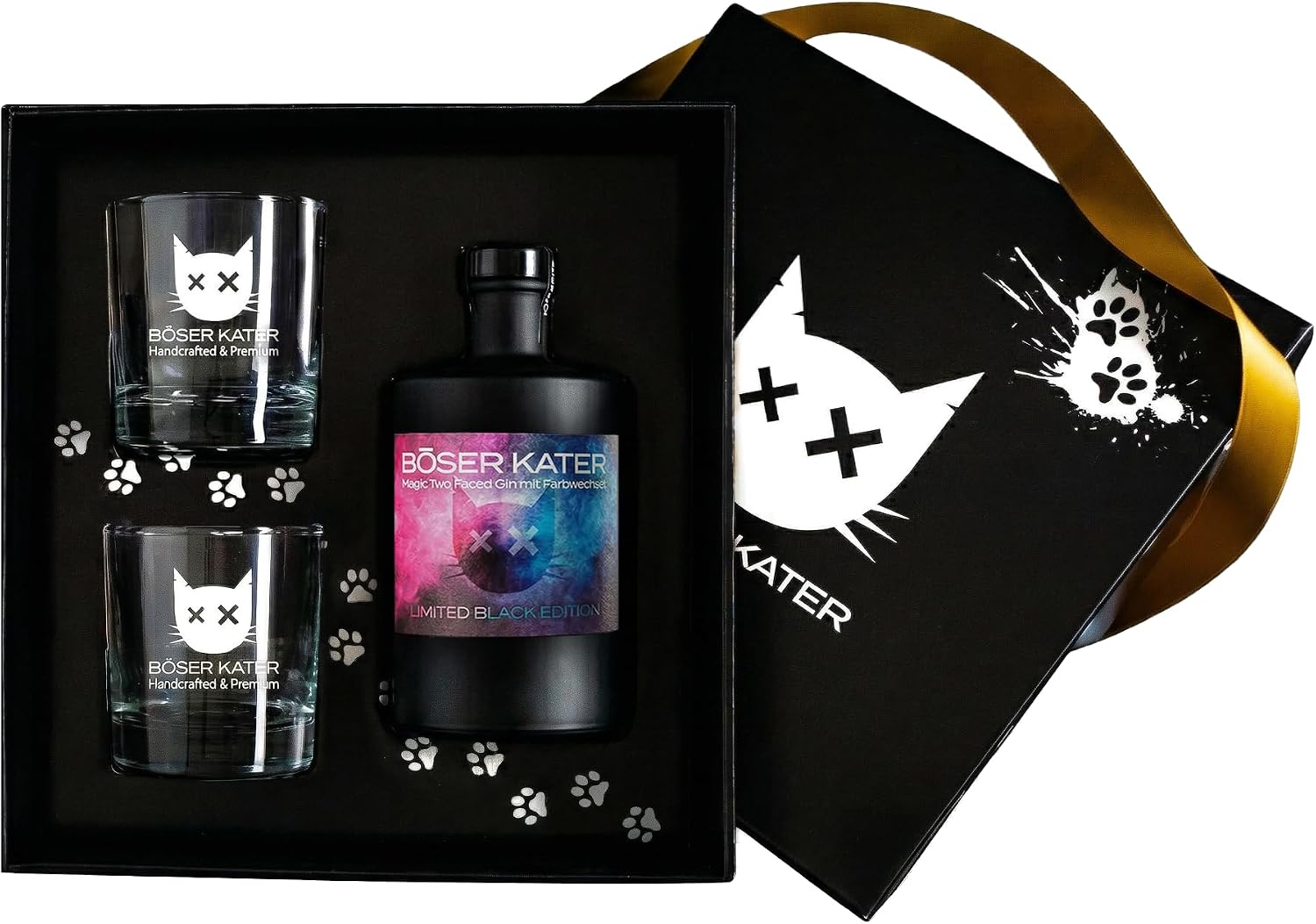 BÖSER KATER Limited Black Edition Magic Two Faced Gin Geschenkset – Farbwechsel-Gin mit 2 Gläsern