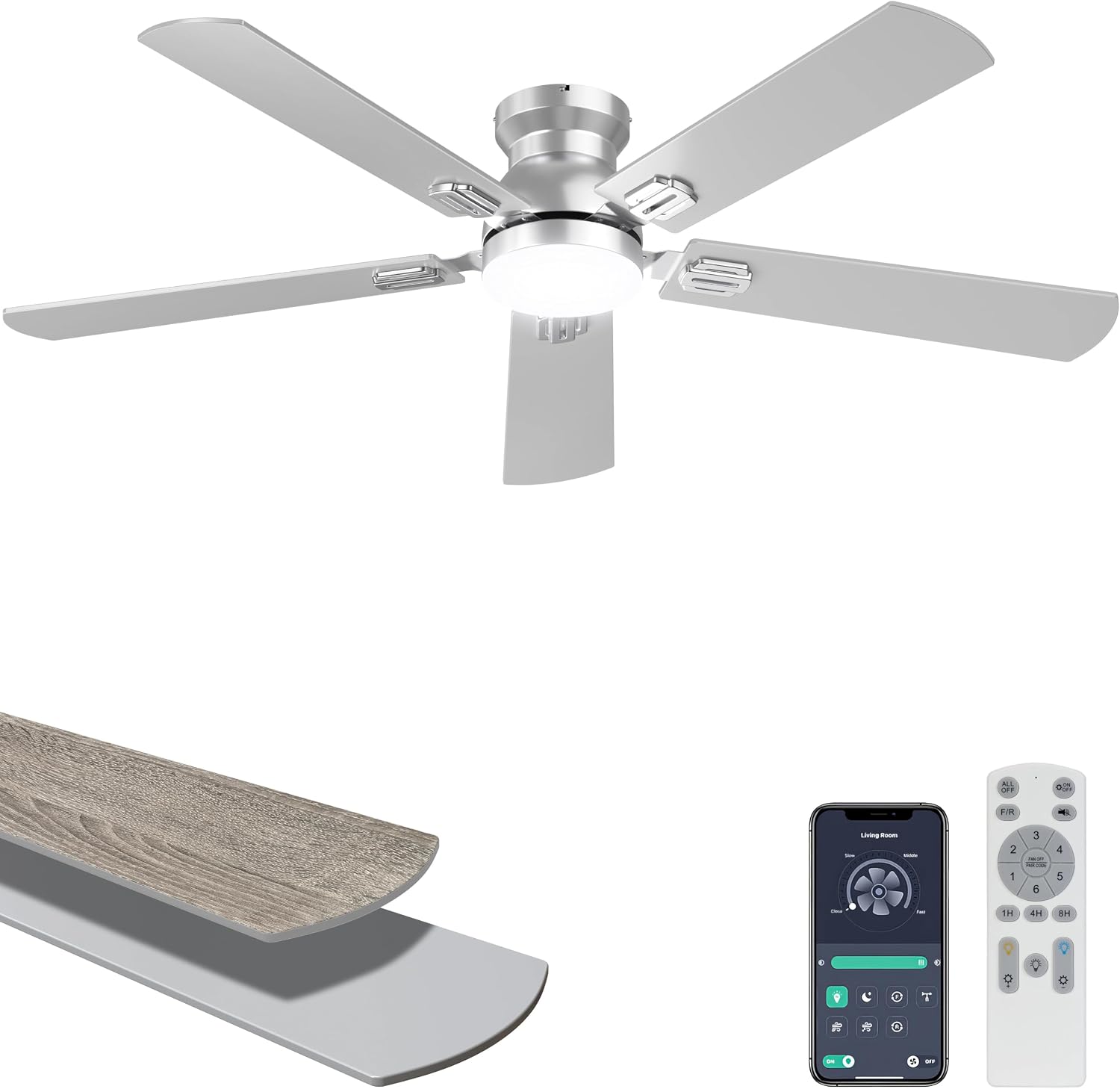 Detalle de Ohniyou 52-Inch Low Profile Ceiling Fan with Light and Remote/App Control