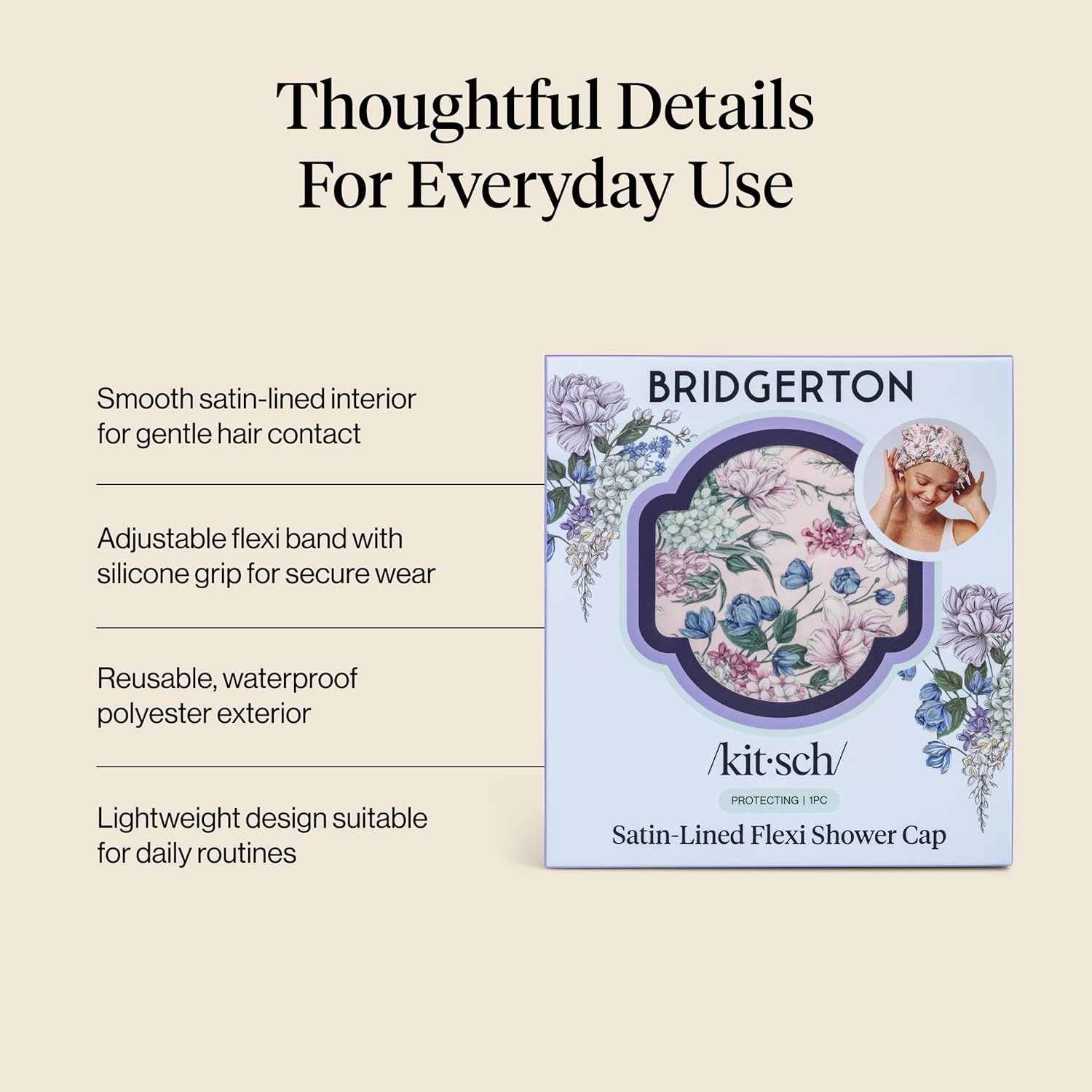 Thumbnail 2 de Bridgerton x Kitsch Satin-Lined Flexi Shower Cap (Large) – Waterproof, Reusable & Non-Slip