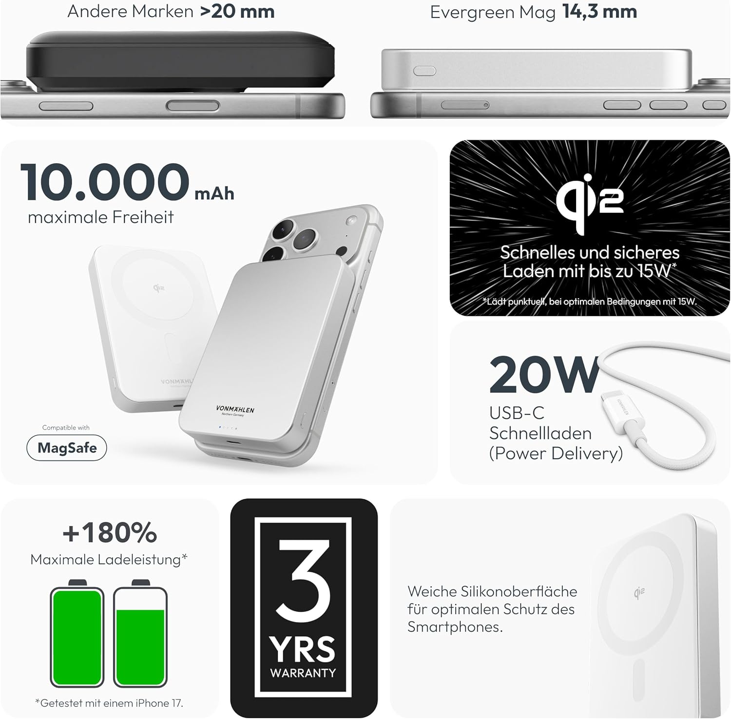 Thumbnail 3 de VONMÄHLEN Evergreen Mag 10000mAh: power bank magnetico con ricarica wireless 15 W e PD 20 W, compatibile MagSafe