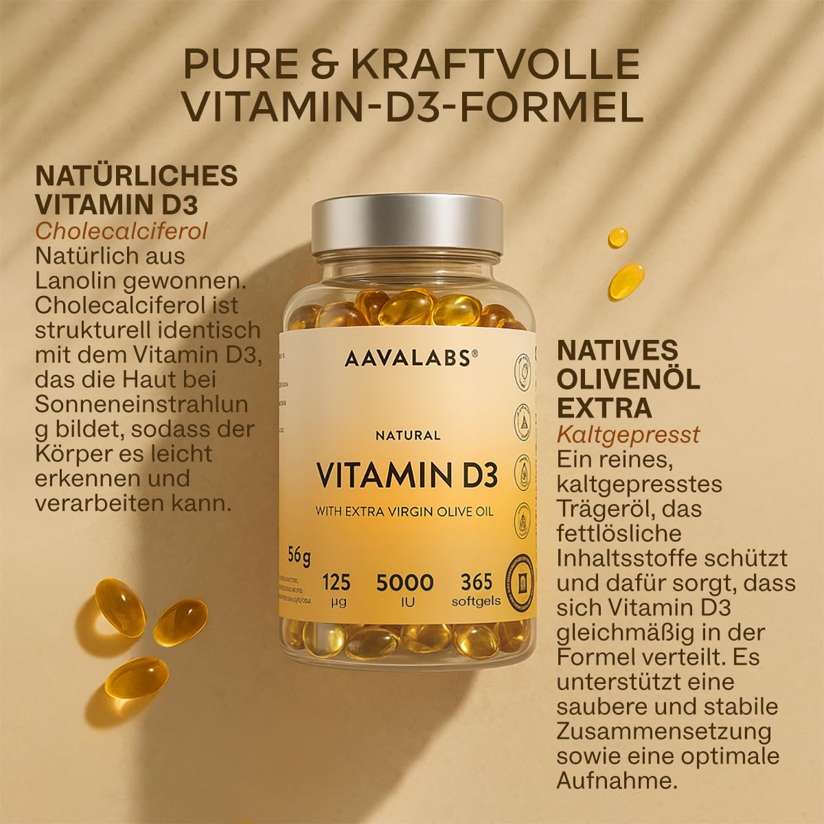 Detalle de Vitamin D3 Hochdosiert Depot 5.000 IU (365 Kapseln) – D3 mit nativem Olivenöl extra und kaltgepresstem Extra-Virgin