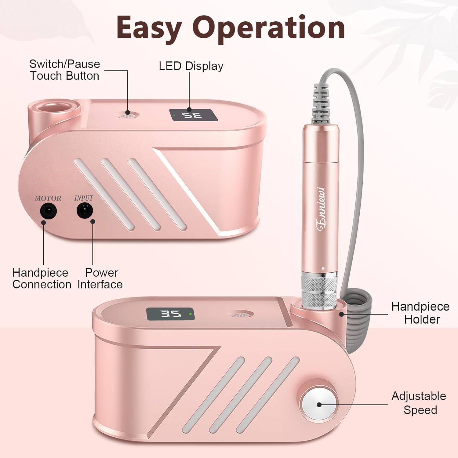 Detalle 2 de Enniewi Fresa per Unghie Professionale 35000RPM – Lima Elettrica Rosa per manicure e pedicure