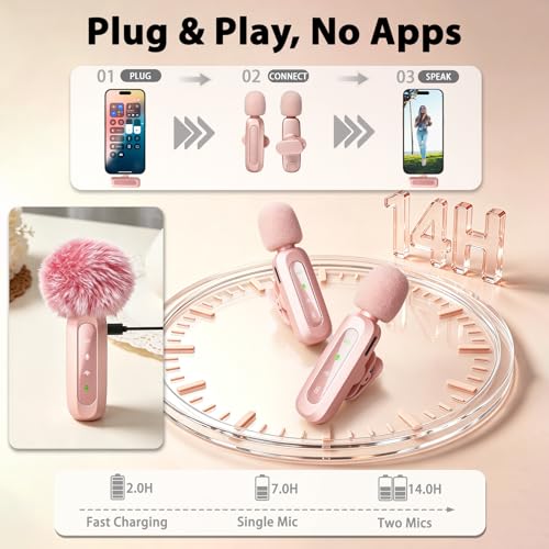 Detalle 2 de Uewpv Micrófono Lavalier Rosa para iPhone y USB-C con Pantalla LED y Clip Giratorio