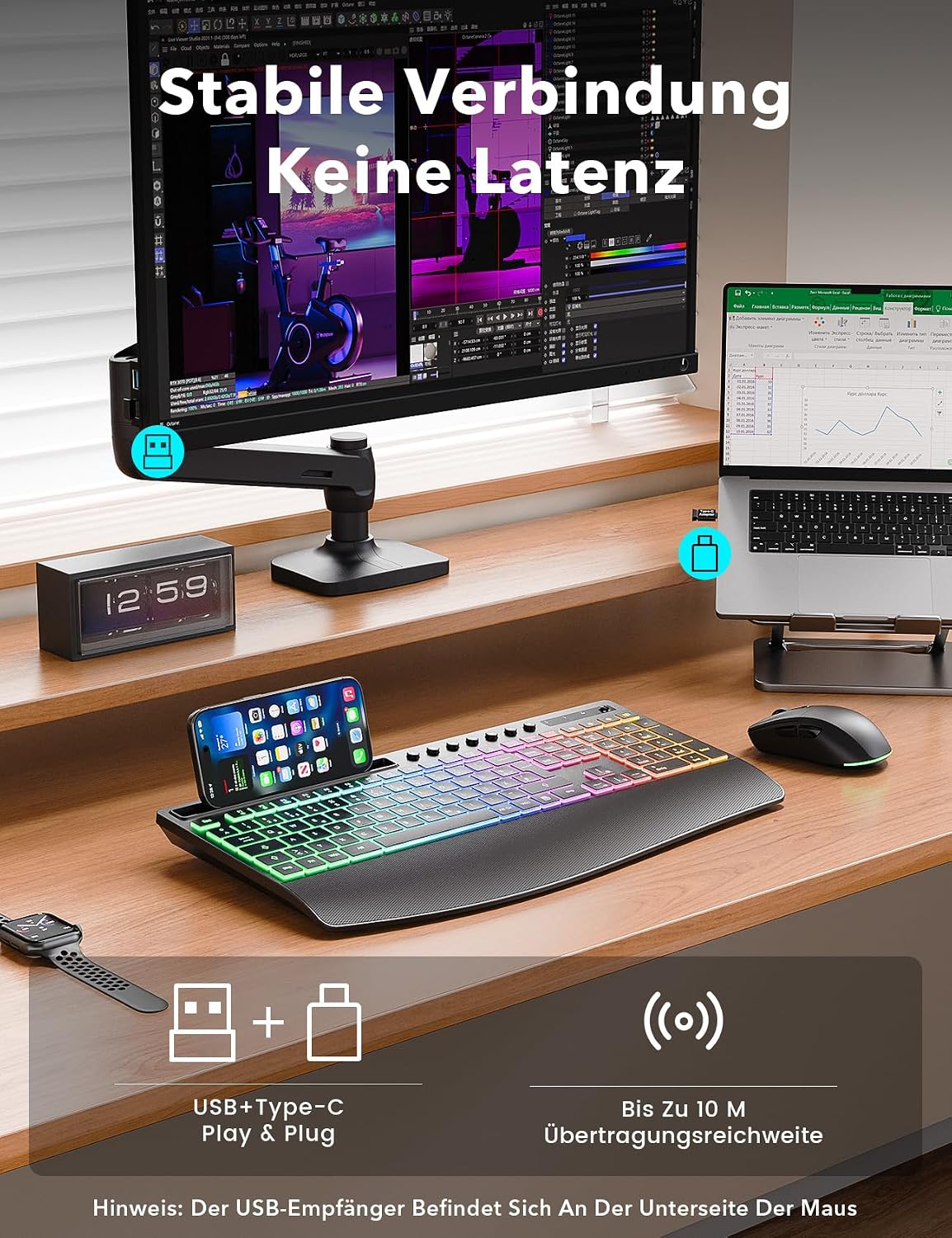 Detalle de Tastatur Maus Set kabellos Beleuchtet KM22 Ultra – Vollständiges Home-Office Paket