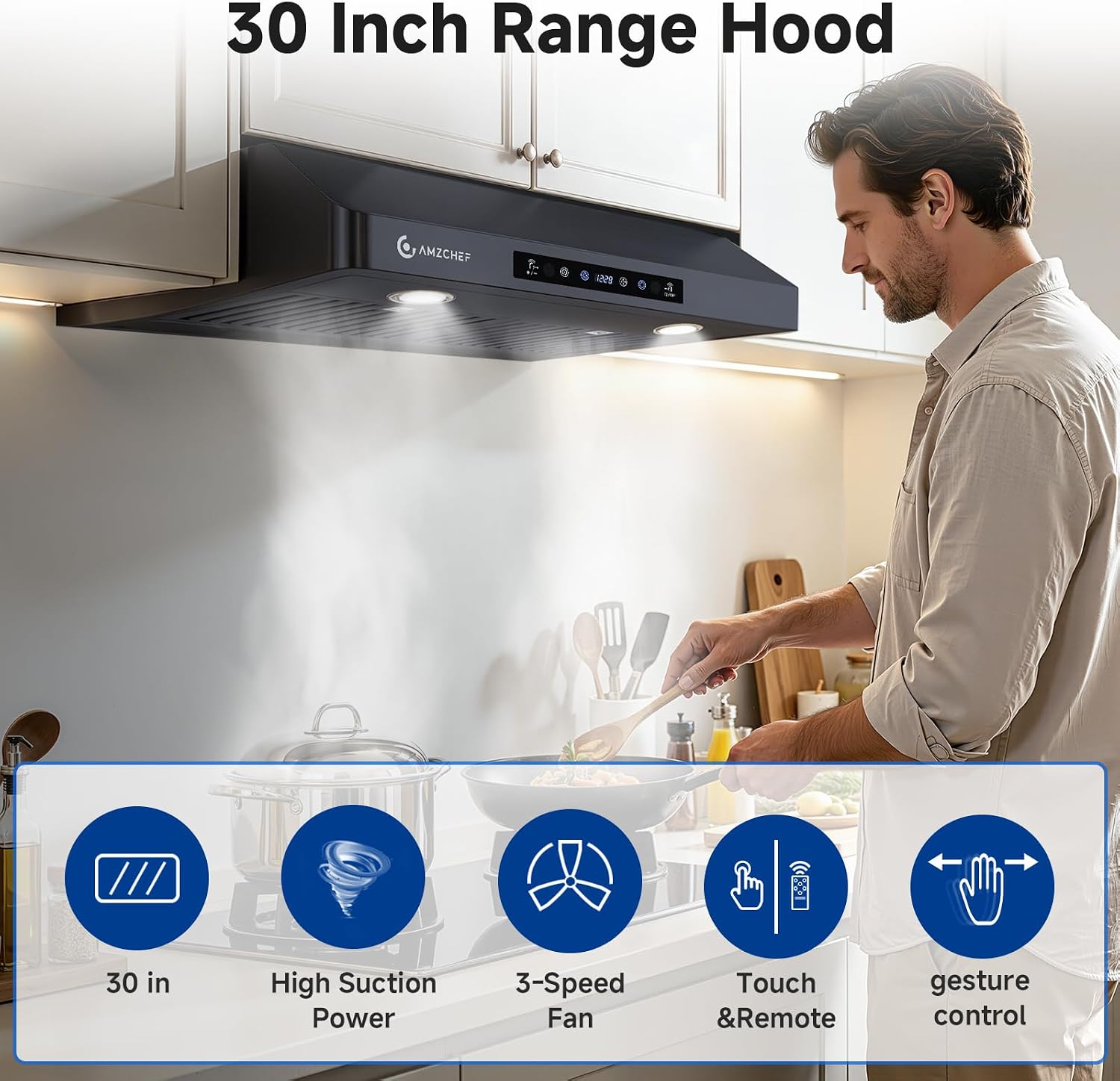 Detalle de AMZCHEF PSP-UL0176C1-BK 30-Inch Range Hood, 750 CFM, Black Stainless Steel