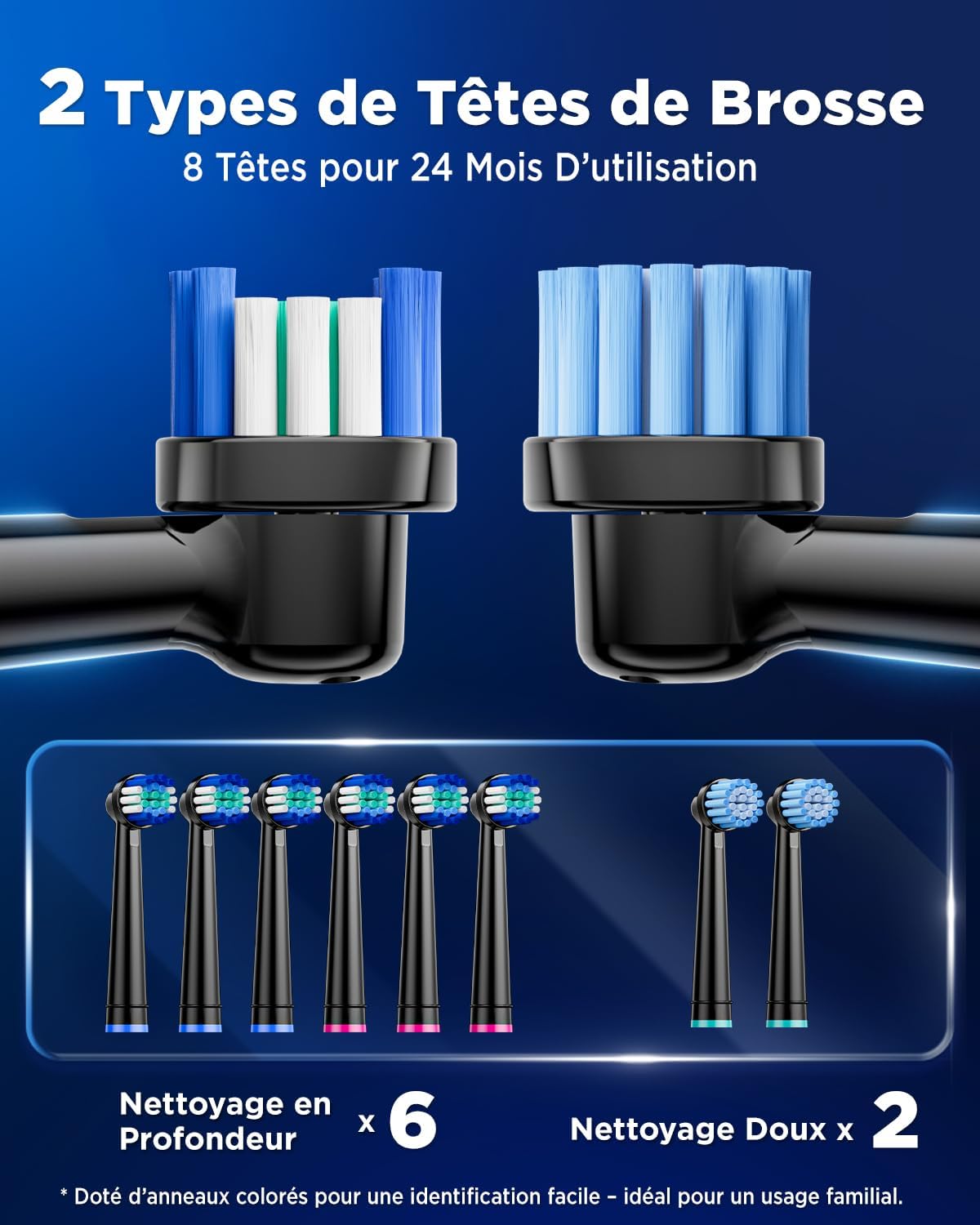 Detalle de YTEATH PRO: Brosse À Dent Électrique Rotative pour Adultes — 5 Modes, 3 Intensités, 8 Têtes, IPX7, Noir Profond