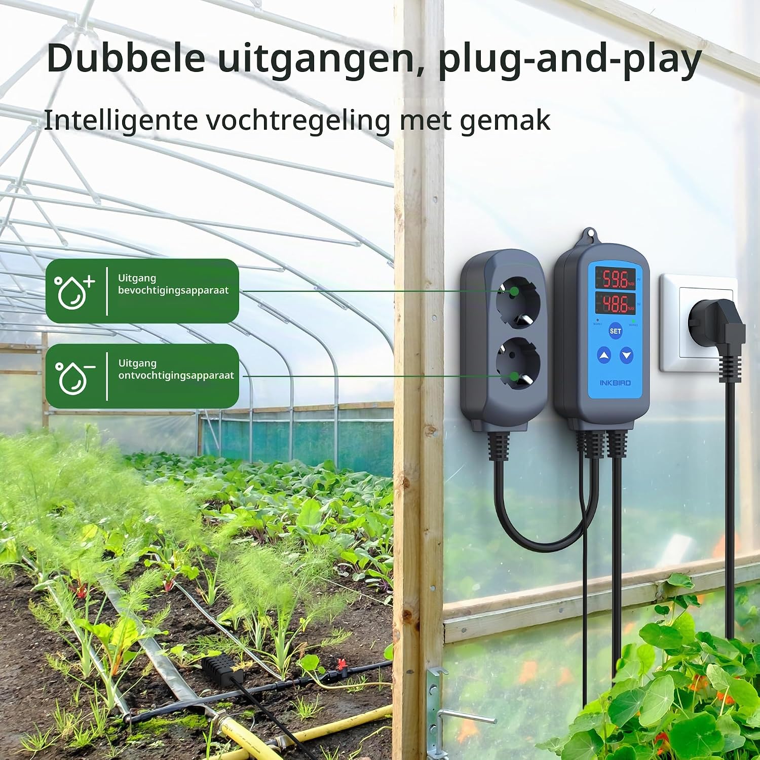 Detalle de Inkbird IHC-200 vochtigheidsregelaar met dubbele relais en LED-display