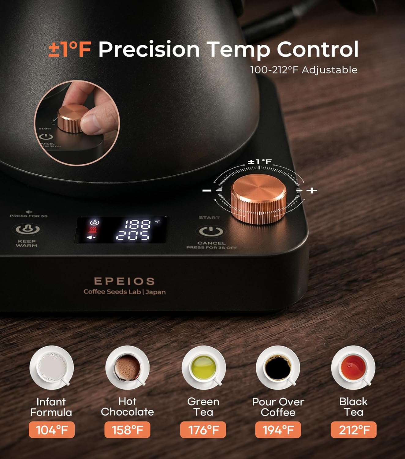 Detalle de Epeios Electric Kettle with ±1°F Precision, 0.9L Gooseneck, 1200W