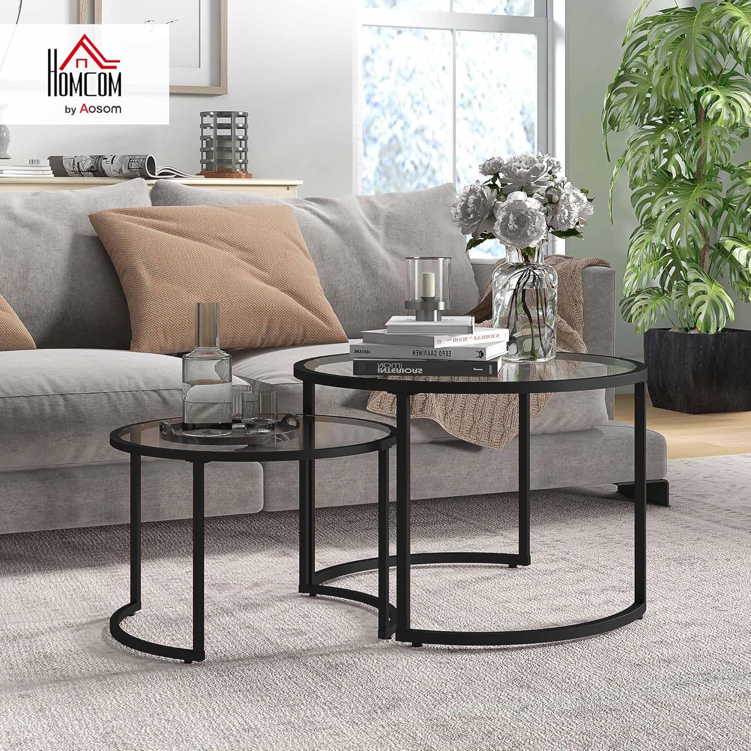 Thumbnail 1 de HOMCOM Lot de 2 Tables Basses gigognes rondes 70/54 cm — Plateau verre trempé et pied en acier au carbone noir