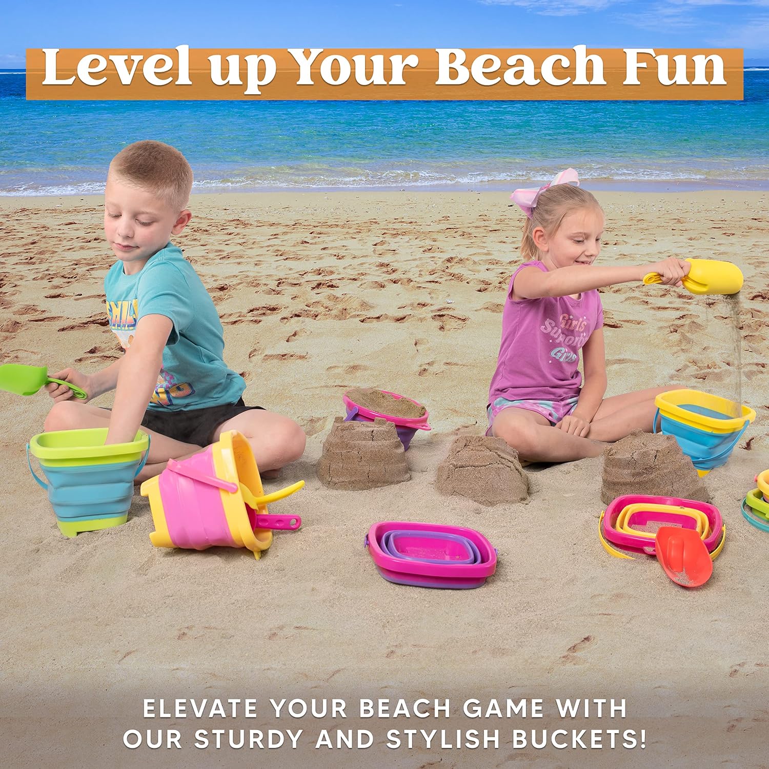 Detalle 2 de Sloosh 3er Set faltbare Eimer für Kinder mit 3 Schaufeln – 2,7 L Kapazität, Sandkasten & Strandspielzeug