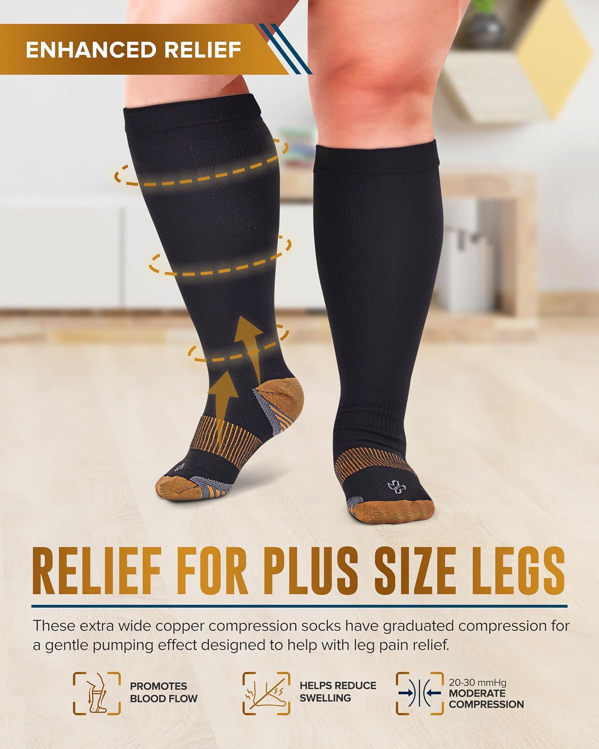 Detalle de Doctor's Select Copper Plus Size Compression Socks Wide Calf (2 Pairs) – 20-30 mmHg, Tan, Extra Wide Calf