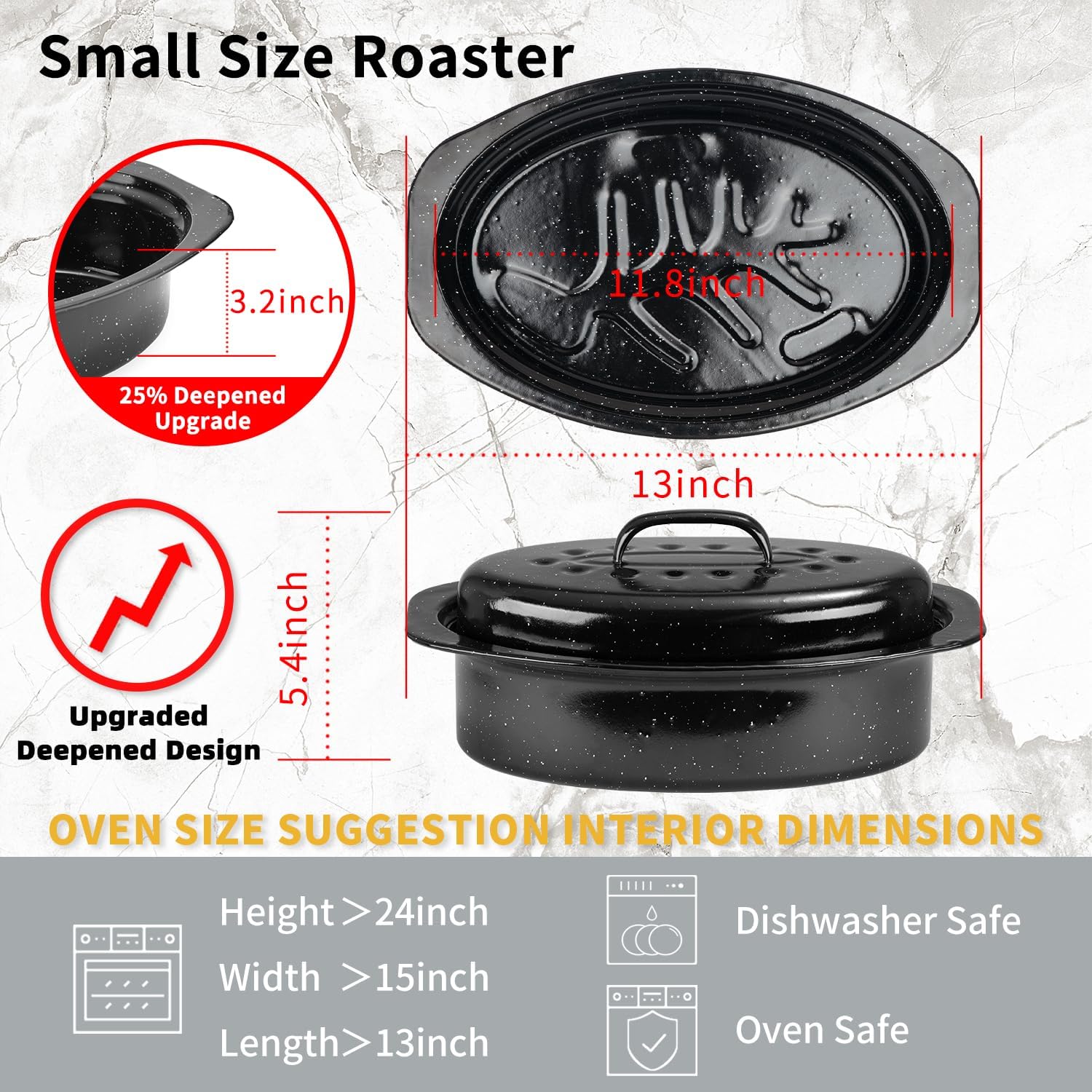 Detalle de JY COOKMENT Granite Roaster Pan (Small, 13") with Domed Lid – Enamel Enameled Oval Roasting Pot for Small Turkey/Chicken