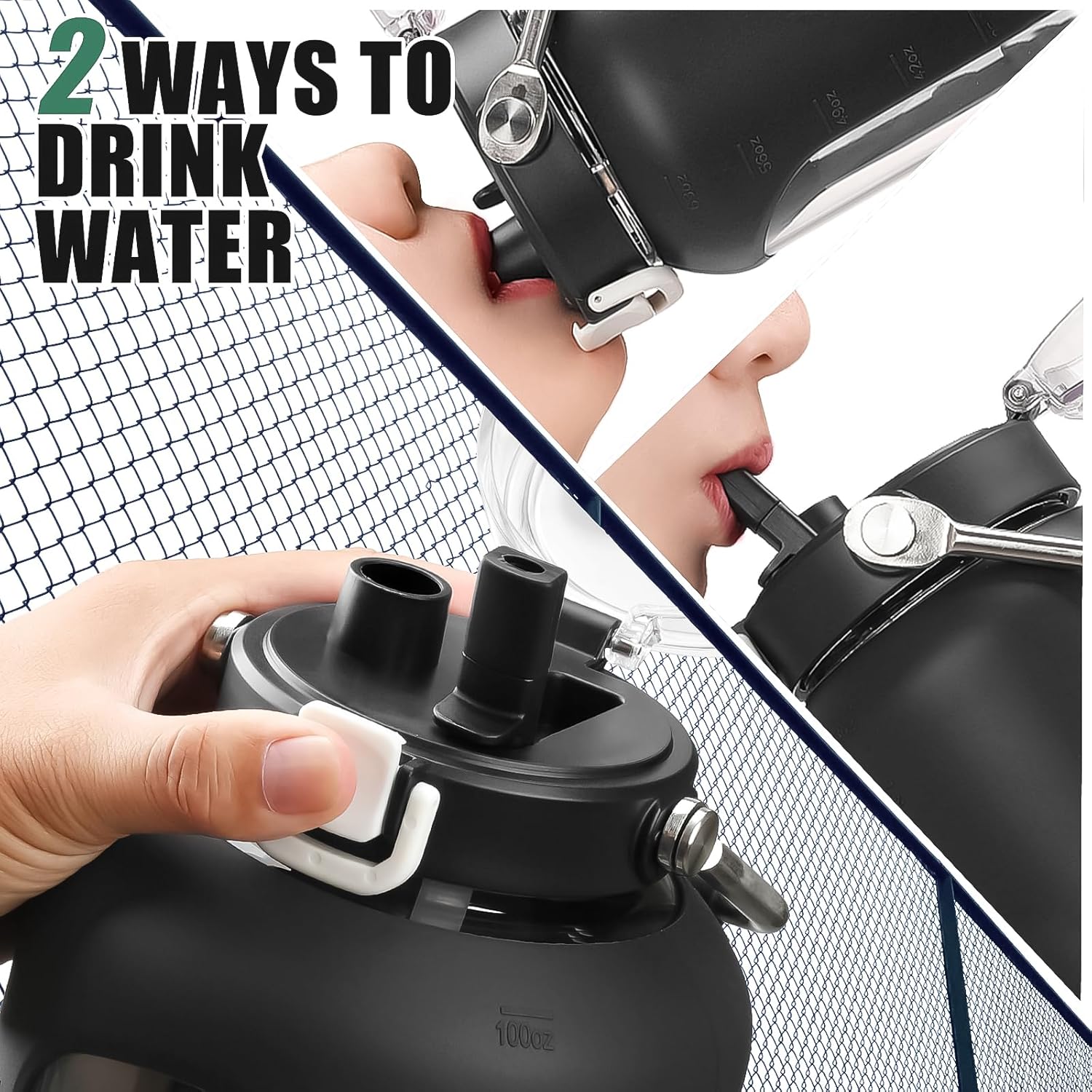 Thumbnail 2 de WINSA 100 oz Glass Water Bottle with 3 L Capacity, 2-in-1 Straw Lid & Stainless Steel Handle