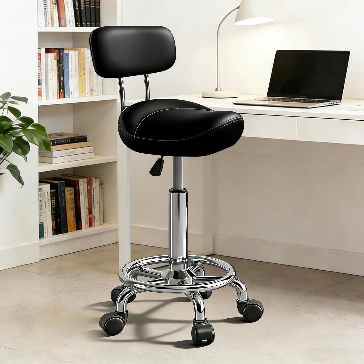 Detalle de Timbertouch MAYCAV5 Adjustable Saddle Stool, Swivel, Black PU Leather, Backrest