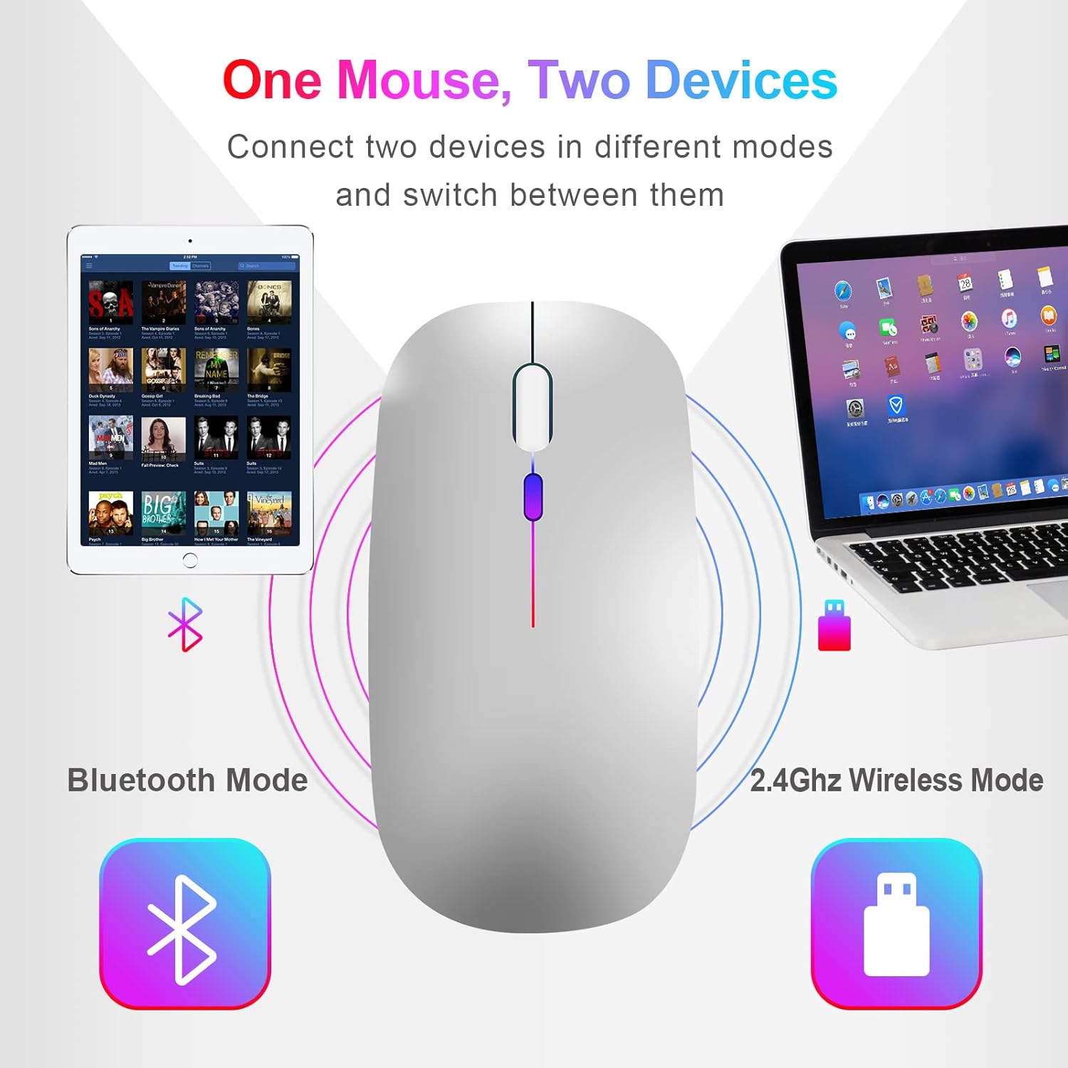 Thumbnail 2 de Wireless Bluetooth Mouse for Laptop (Silver) — Dual Mode, Rechargeable, Quiet Clicks