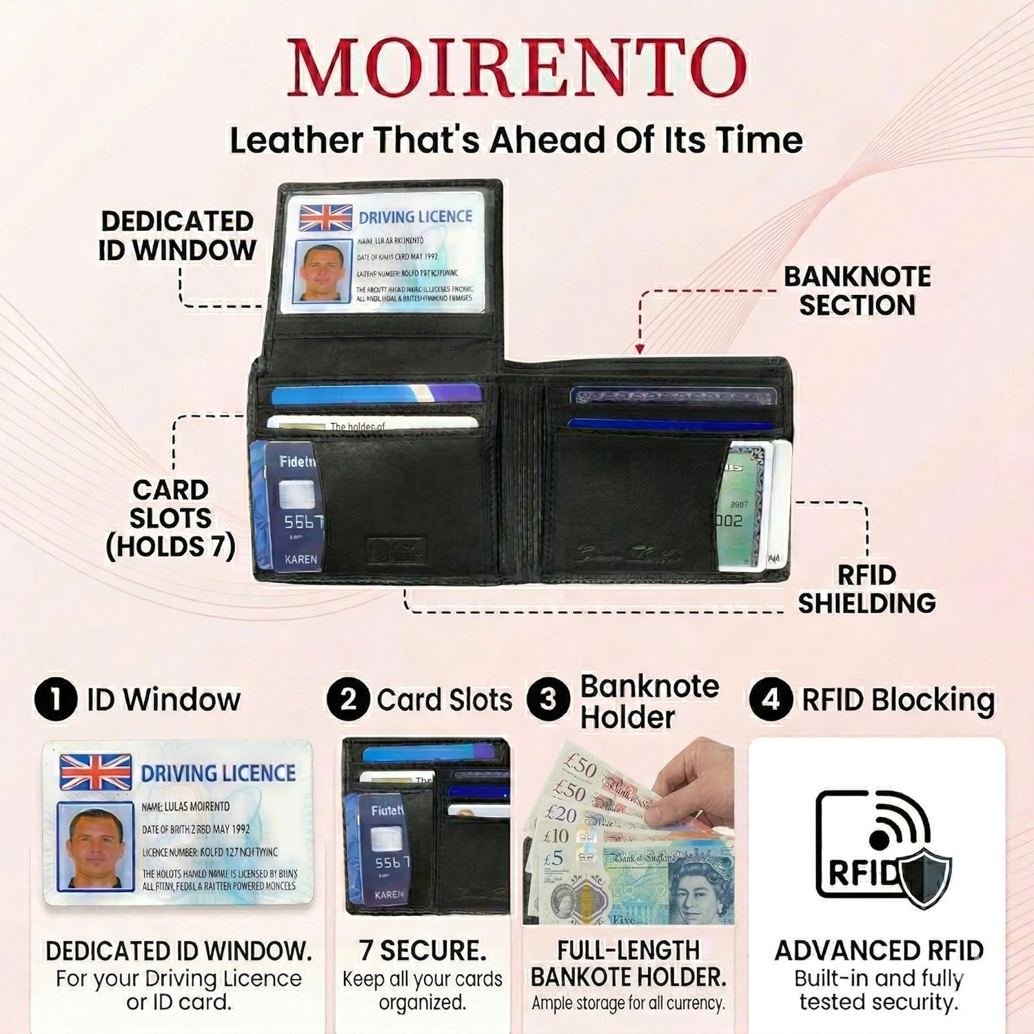 Detalle de MOIRENTO Mens Black Leather Passcase Wallet - RFID Blocking Card Holder with Flip-Up ID Window