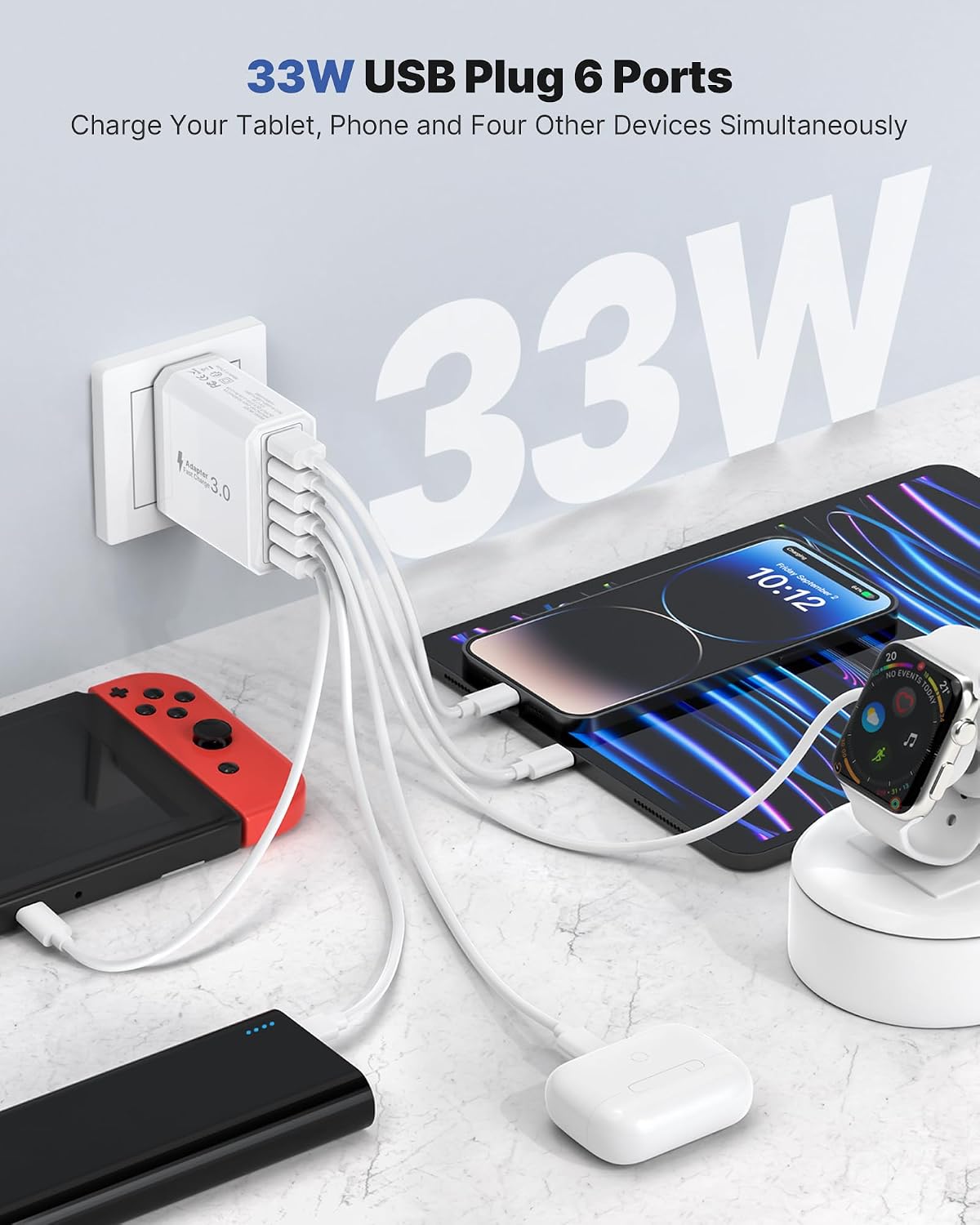 Detalle 2 de USB Plug UK 33W 6-Port Multiport Charger 🔌