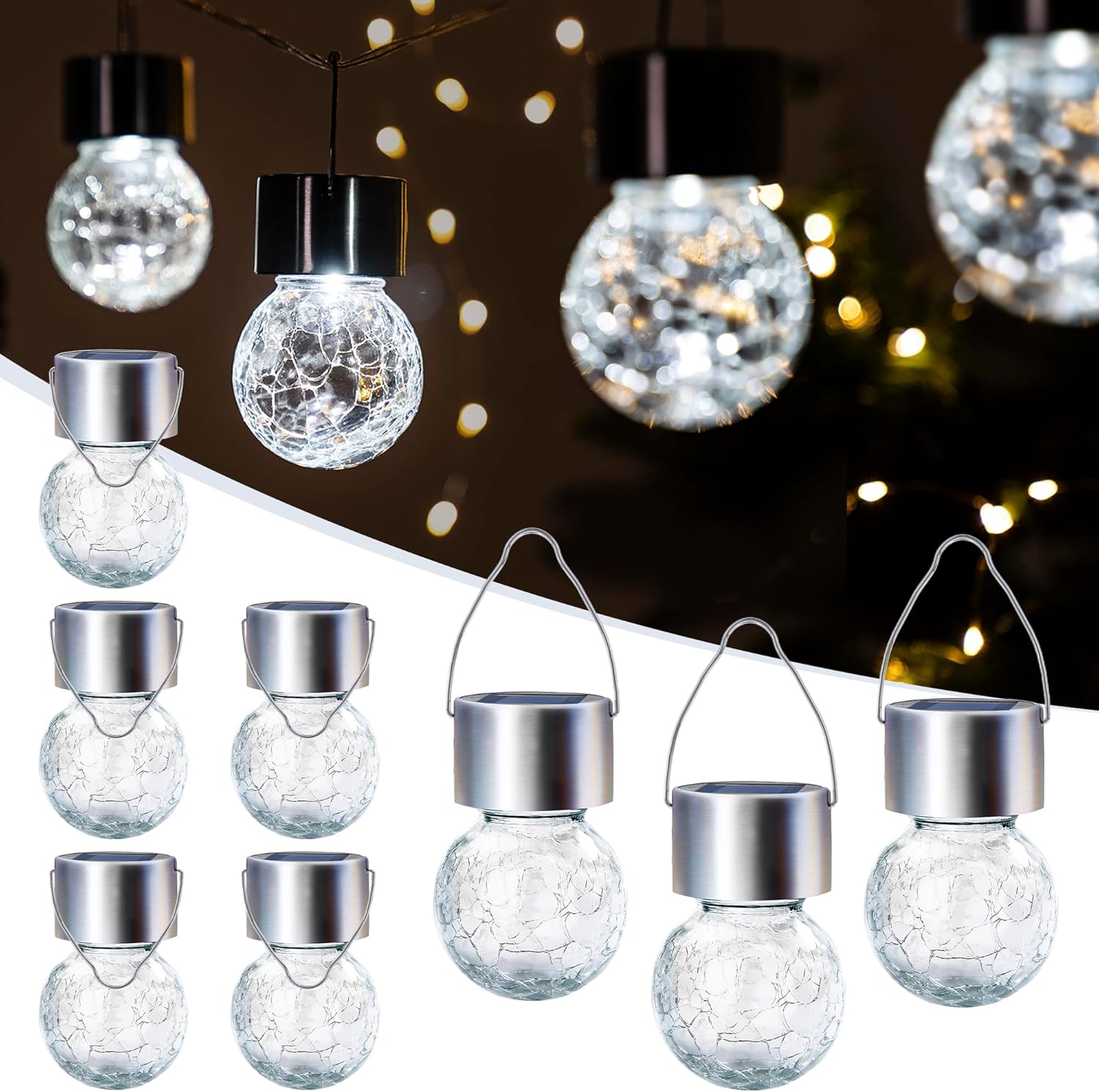 Thumbnail 1 de GIGALUMI Solar Crackle Glass Hanging Lights with Handle for Garden, Yard and Patio (Cool White)
