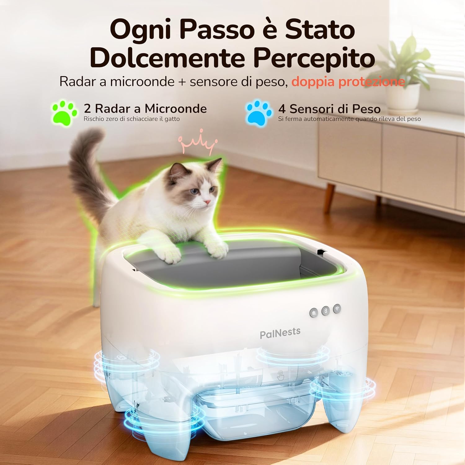 Detalle de PalNests Lettiera Gatto Autopulente: Lettiera Automatica Aperta, Sicurezza Anti-Pizzicamento e Controllo App per Gatti Grandi
