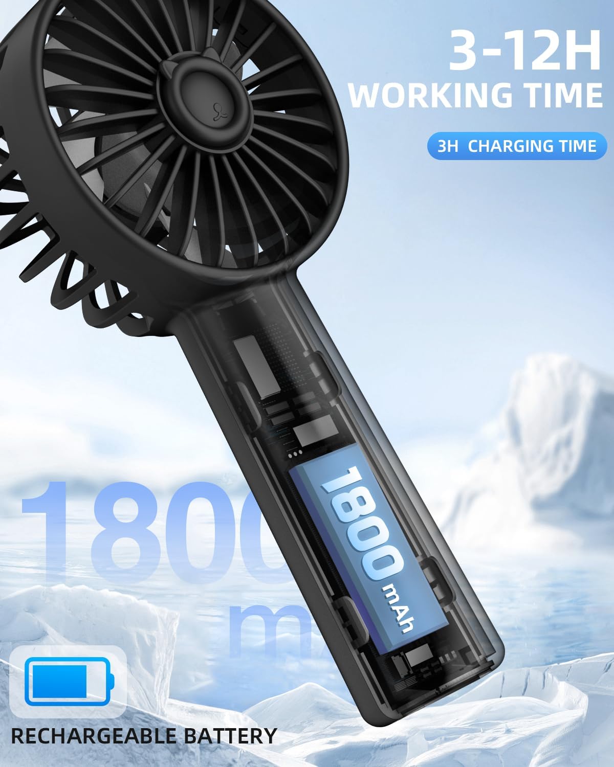 Detalle de KIDEE Portable Handheld Fan: 3 speeds, 1800mAh USB Rechargeable Mini Fan for Travel, Makeup & Everyday Use