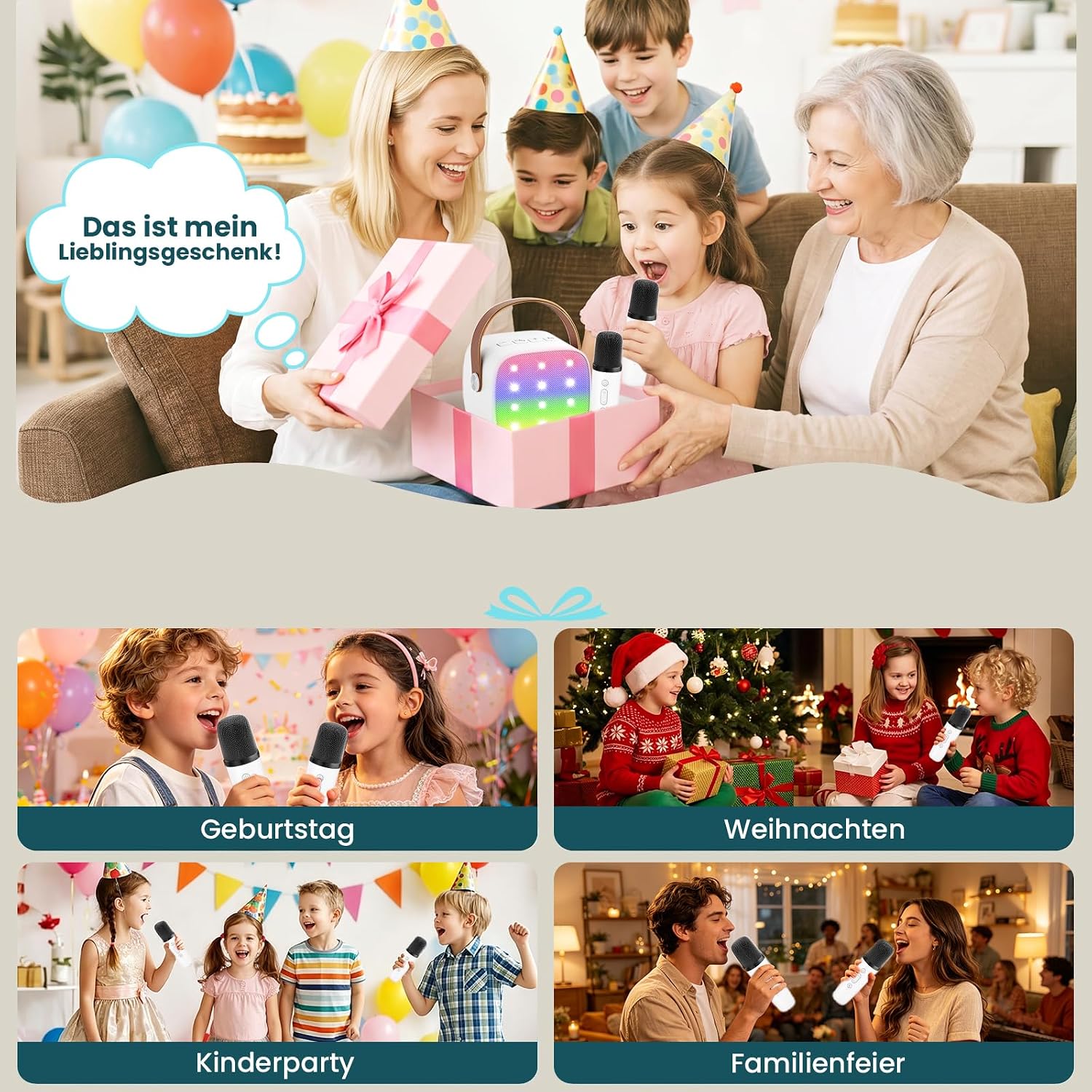 Thumbnail 6 de Kinder Karaoke Maschine mit Bluetooth-Lautsprecher, 2 Mikrofone, LED-Lichteffekte – Tragbare Karaoke-Box (Weiß)