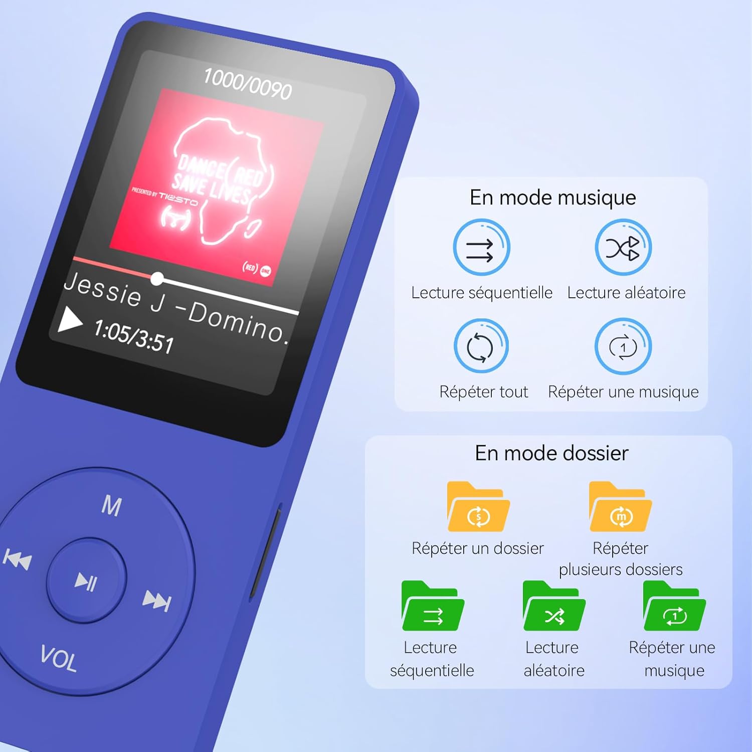 Detalle 2 de AGPTEK 64Go Lecteur MP3 Classique – Ultra léger, autonomie 70h, sans Bluetooth, bleu