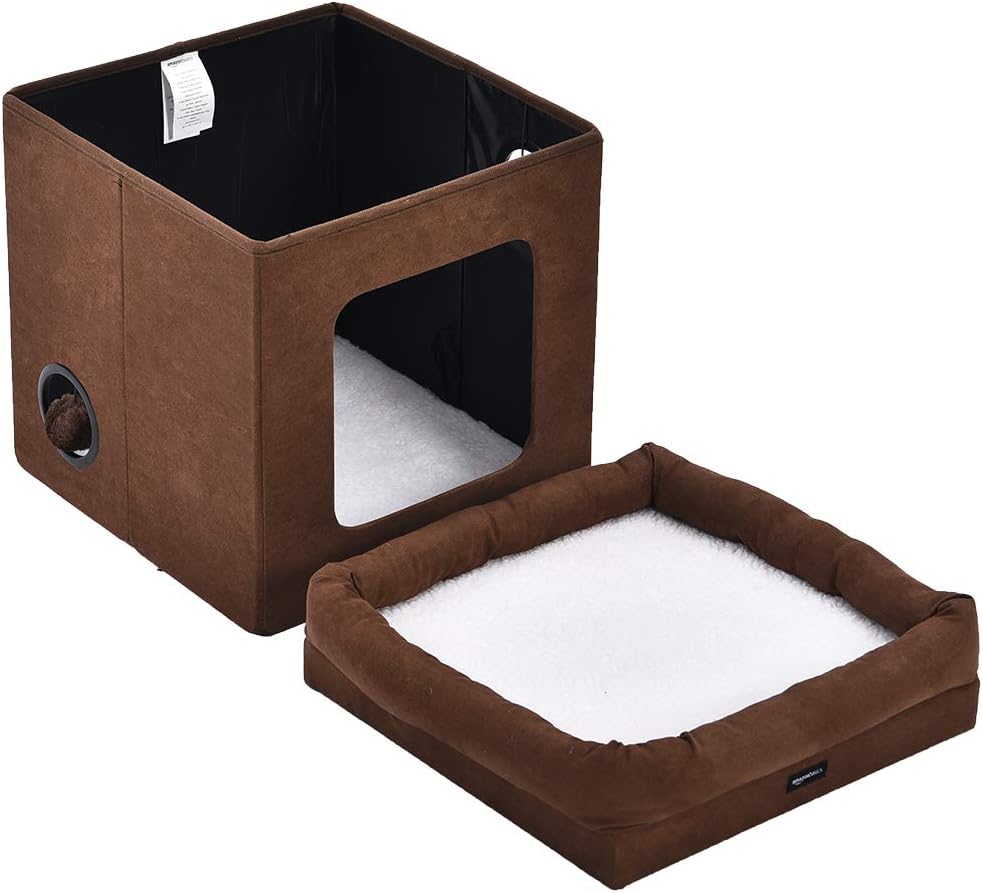 Detalle de Amazon Basics składany domek dla kota 38 × 38 × 43 cm, brązowy, z polarem Sherpa