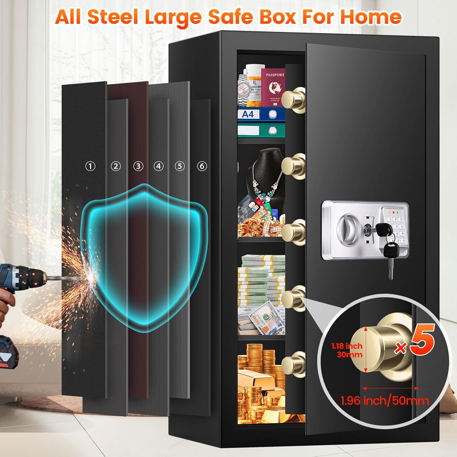 Detalle de Mejasg Large Home Safe Box with A4 Document Bag and 3 Removable Shelves – 102L, Alarm, and Silent Mode