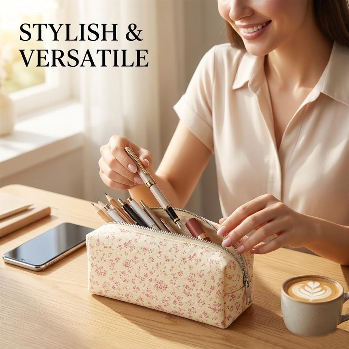 Detalle de AddLotLot 2 PCS Floral Pencil Cases with Zipper – Durable Canvas, Stylish Black & Pink Set