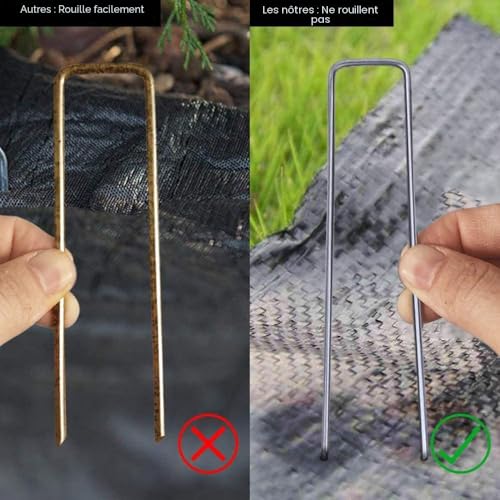 Detalle de OUNUO 50 pièces piquets de fixation en acier galvanisé – 150 mm x 25 mm x Ø3 mm, pour toile de paillage, treillis et filets