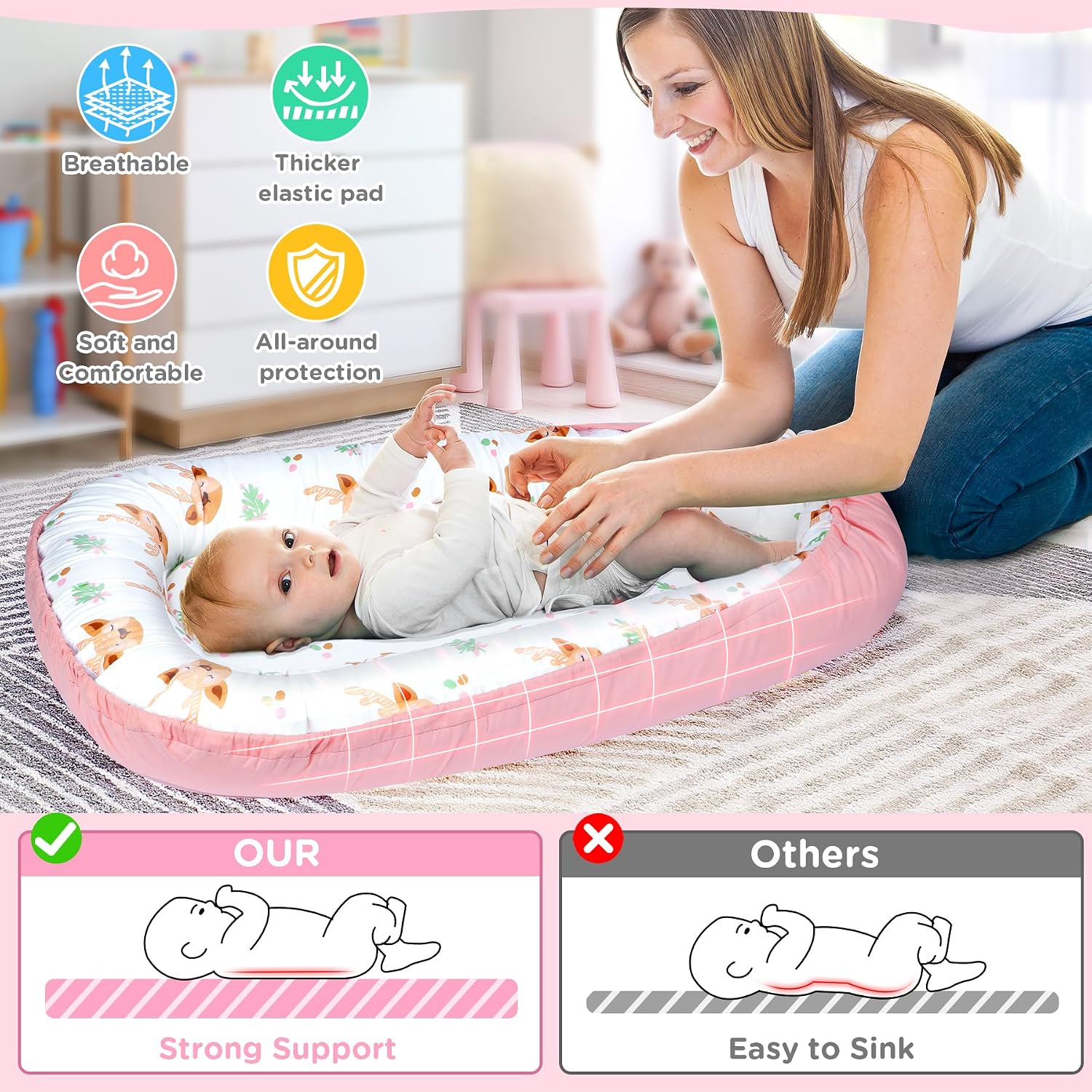 Thumbnail 2 de URMYWO Babynestchen Neugeborene – Nestchen 90x50 cm aus 100% Baumwolle, zweifarbig, handgefertigt