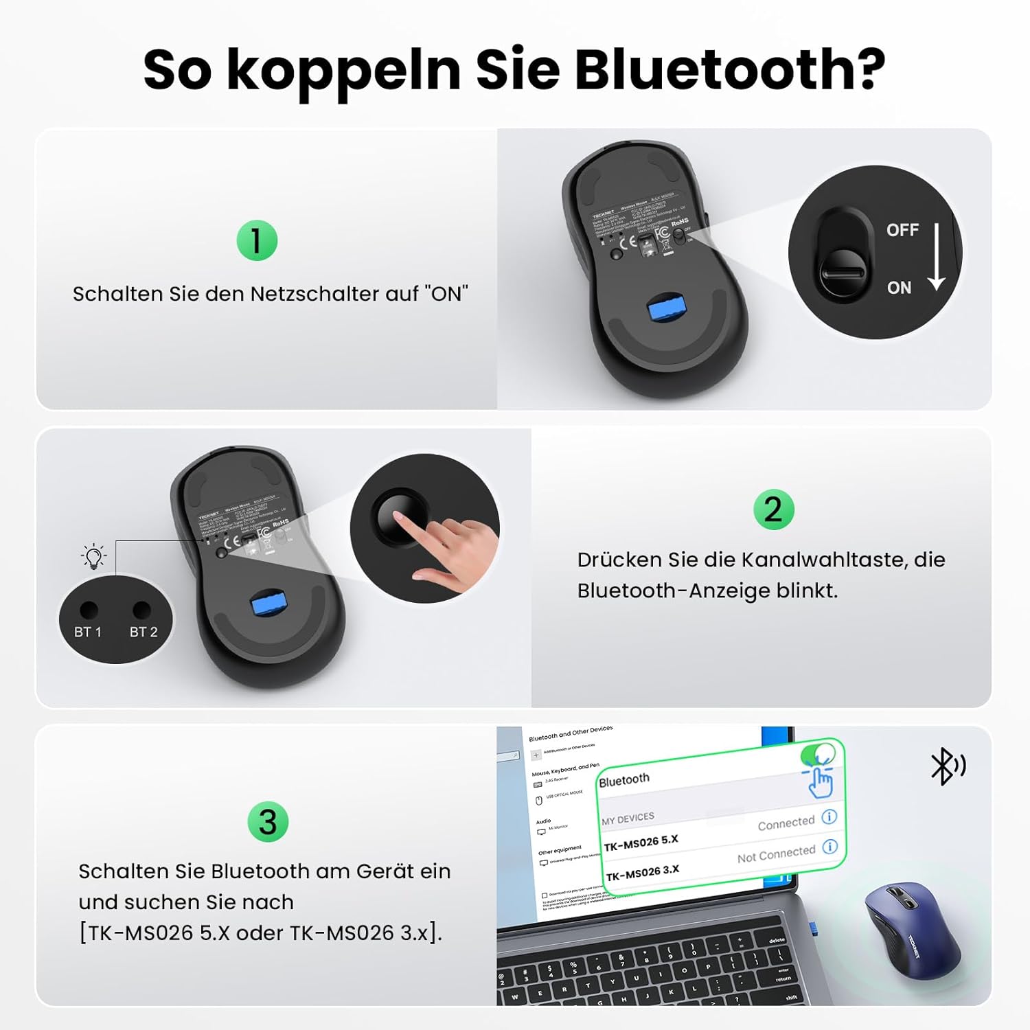 Thumbnail 6 de TECKNET Bluetooth Maus: kabellose Silent-Maus mit 4800 DPI und zwei Geräten