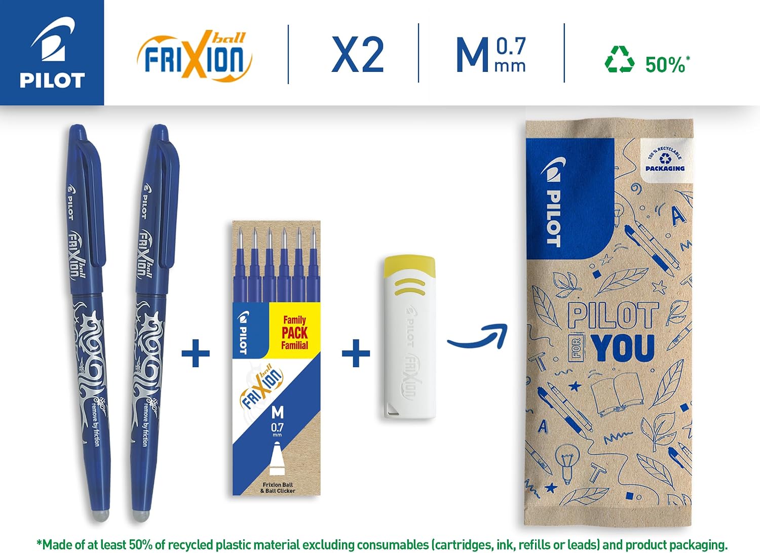 Detalle de PILOT FriXion Ball 0.7 Pack of 2 with Refills and Eraser – Erasable Blue Standard Ballpoint