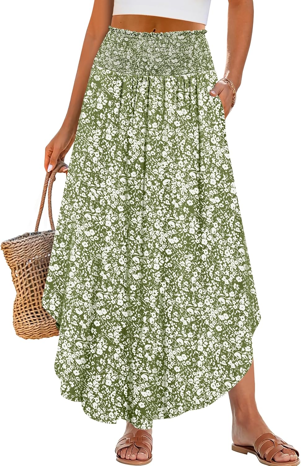 Detalle de ANRABESS Women's Maxi Skirt – Boho Floral, High-Waisted, Pockets, Summer Beach Dress