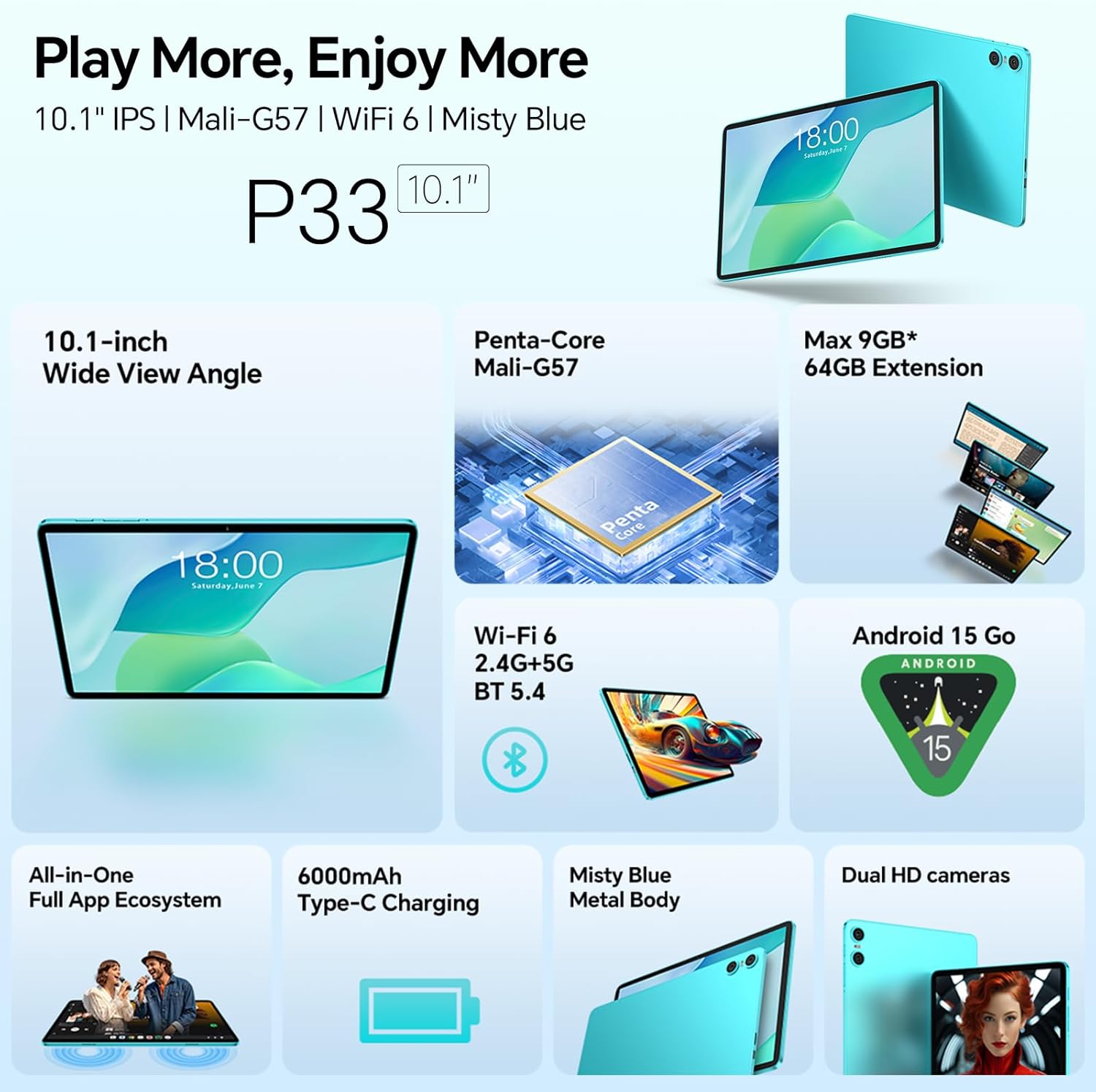 Thumbnail 1 de TECLAST P33 Tablet 10,1" Gemini AI: 2GHz Octa‑Core, Android 15, 64GB ROM + espansione fino a 4TB, 6000mAh e 10 Accessori