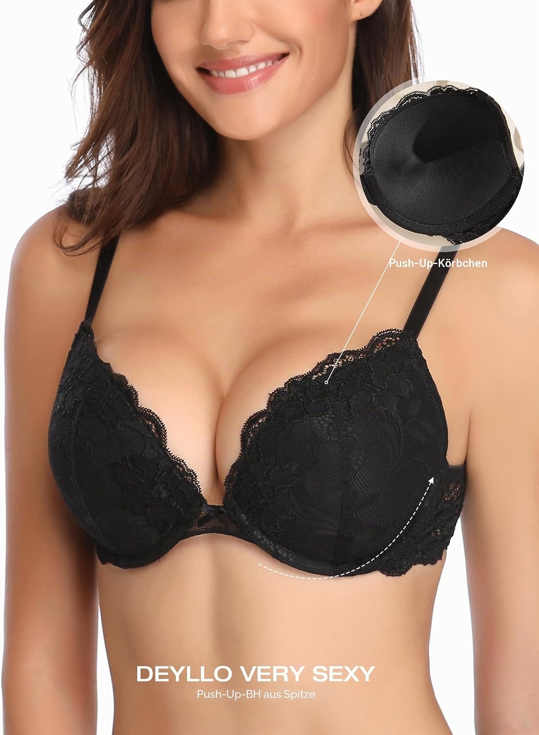 Detalle de Deyllo Push-Up-BH für Damen mit Spitze – gepolsterte Bügel-BH, hebt an und vergrößert um eine Körbchengröße