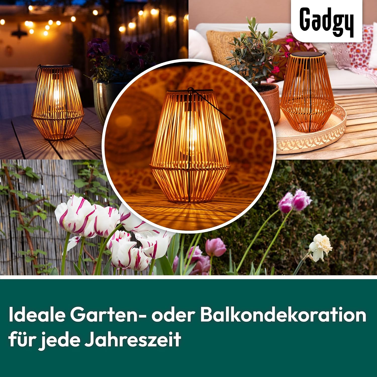 Detalle 2 de Gadgy Solarlampe für Außen Garten – wetterfeste Solar-Laterne in Rattan-Optik mit warmweißem LED-Licht