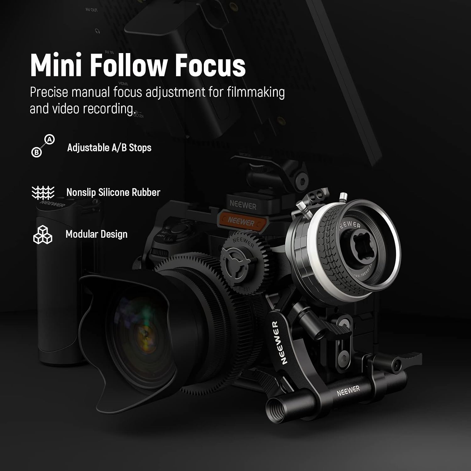 Thumbnail 1 de NEEWER PG003 Mini Follow Focus with A/B Stops — 15mm Rod, Lens Gear Ring, up to 114mm diameter