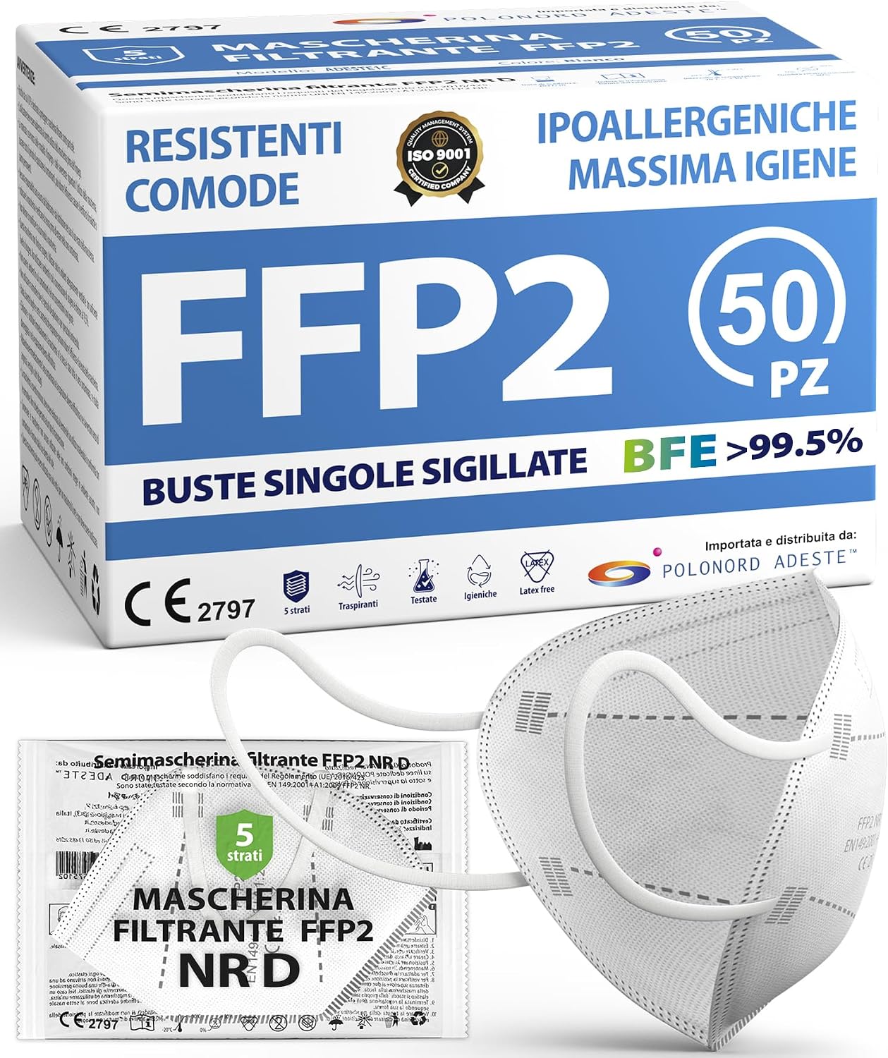 ADESTE – 50 Mascherine FFP2 Bianche Certificate CE: protezione affidabile con filtraggio superiore