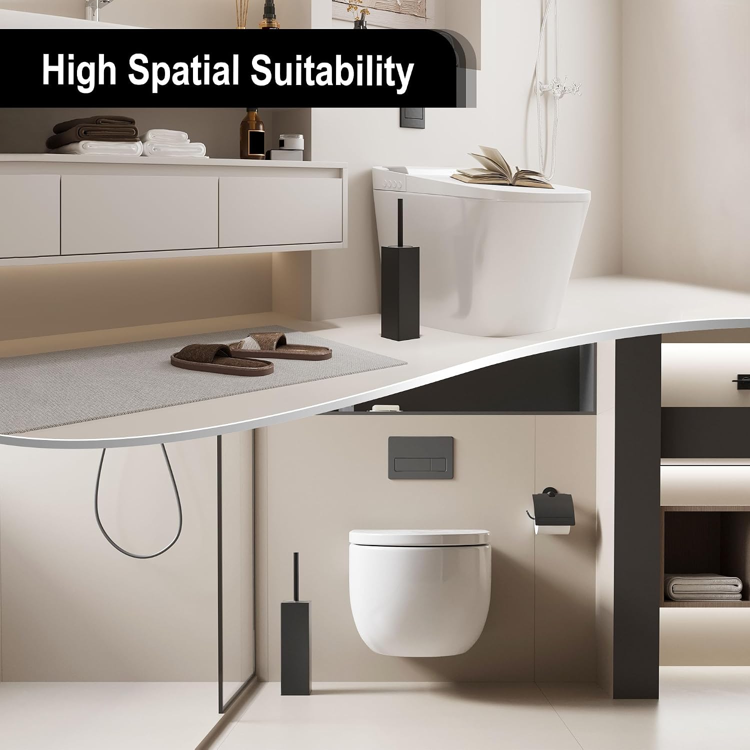 Detalle de BVL WC Bürsten & Halter Schwarz – freistehende quadratische Toilettenbürste mit zwei Köpfen (Silikon/Nylon) aus Aluminium