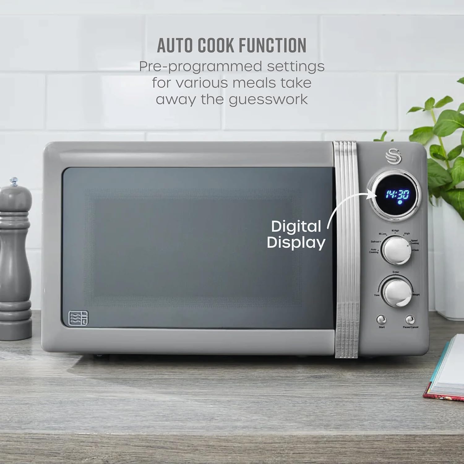 Thumbnail 3 de Swan Retro LED Digital Microwave Grey, 20L (800W) with Defrost Setting, SM22030LGRN