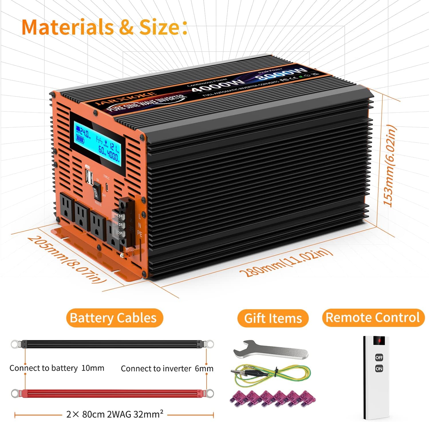 Thumbnail 6 de 4000 Watt Pure Sine Wave Power Inverter (24V DC to 110/120V) with Remote, LCD, and Dual USB – JARXIOKE