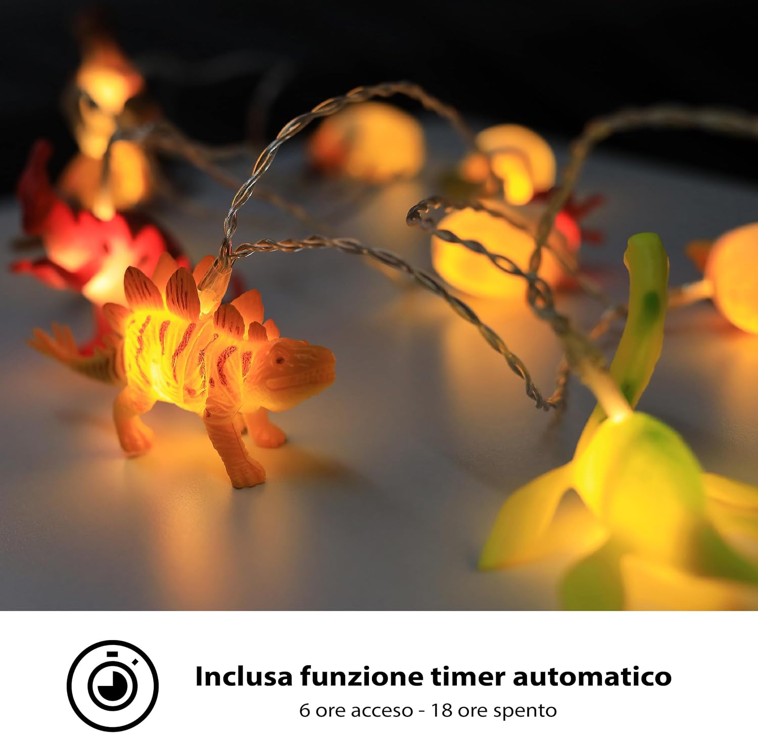 Detalle de CozyHome Lucine LED decorative a forma di dinosauro, 4 metri con spina e 12 figure