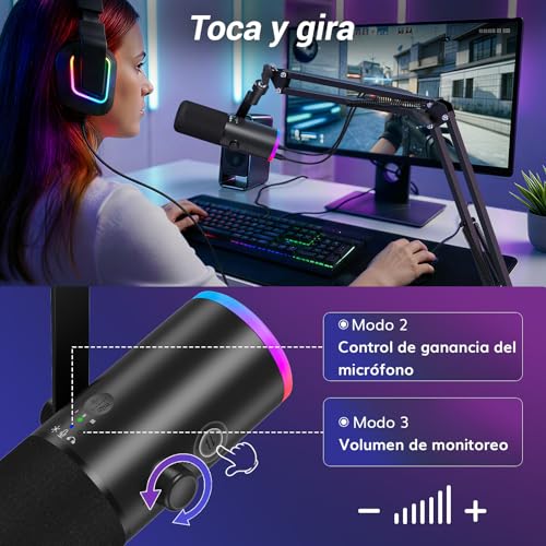 Detalle de TONOR TD510 AIR H+ Microfono de Gaming Dinámico: para PC, USB/XLR y RGB ajustable