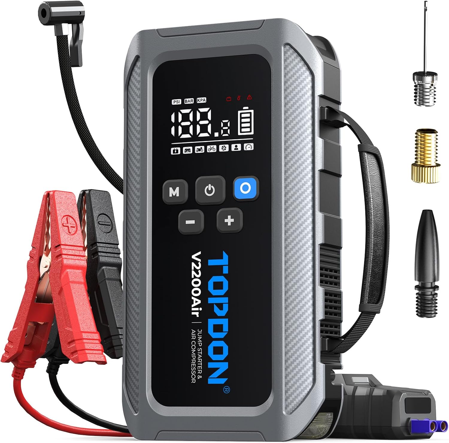 Detalle de TOPDON V2200Air Booster: Batterie de démarrage 2200A, gonfleur 150 PSI et lampe LED