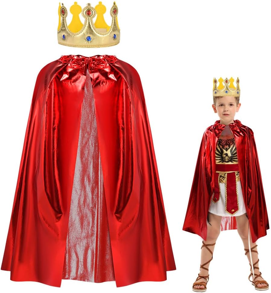 Detalle de AOOWU Kids King Costume with Cape and Crown (One Size, 80cm) – Red Velvet Royal Cloak