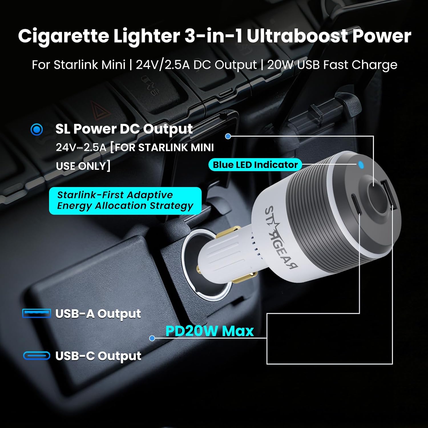 Thumbnail 2 de Starlink Mini Car Adapter (3-in-1) with Dual USB Ports and 12V to 24V Step Up Converter