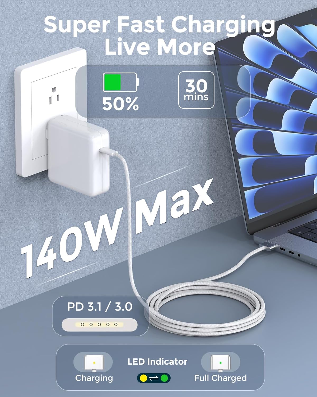 Thumbnail 4 de Magnetic USB-C to Magnetic 3 Charger Cable for MacBook Air 13.6/15 and Mac Pro 14/16 (Braided, LED) – 6.6ft (2-Pack)