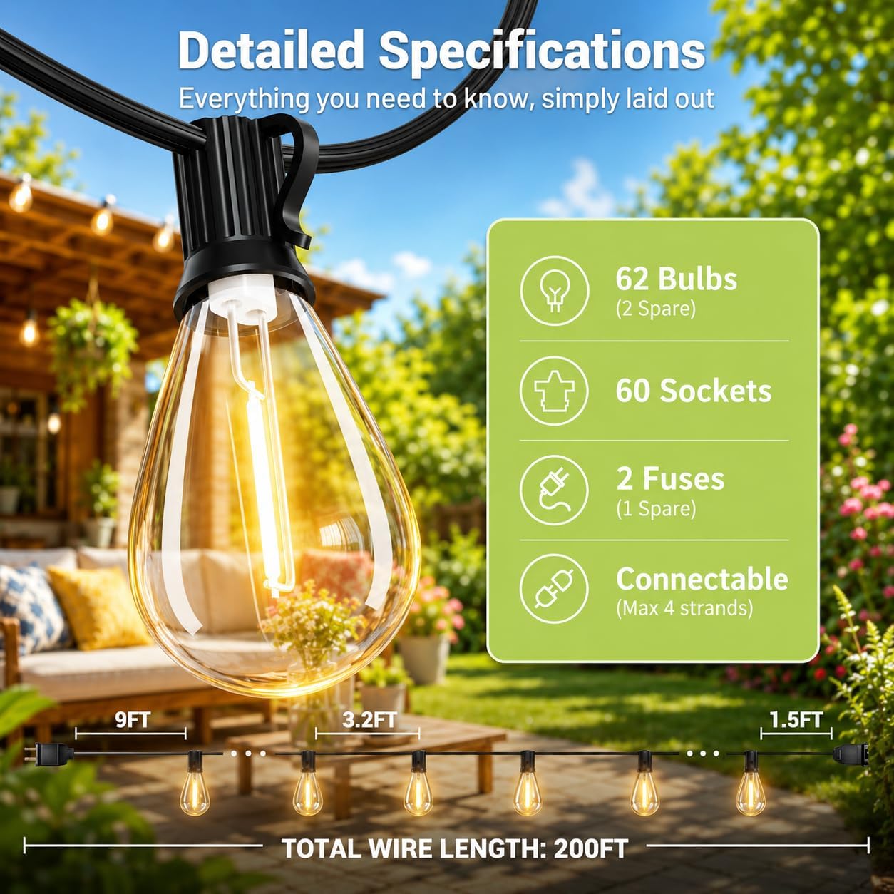 Detalle 2 de SUXWIC S11 200 ft LED Outdoor String Lights, 2700K Warm White, IP65