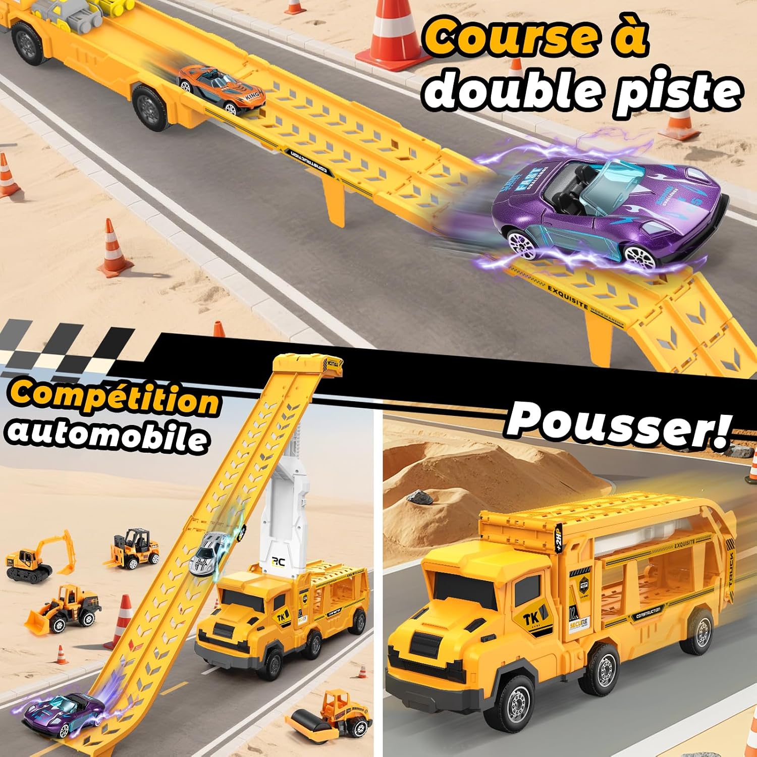 Thumbnail 3 de EUCOCO Transporteur Voiture Enfants 3D – Camion de construction avec 8 mini voitures, jeu 3 en 1 (2 pistes intégrées) pour garçons 3–8 ans